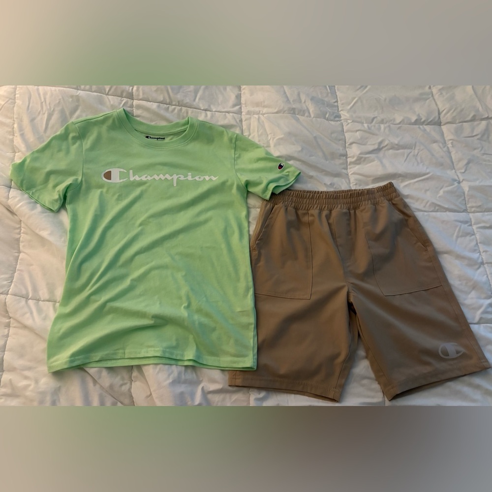 Champion Green Tee and Khaki Shorts Set. Boys 10/12. NEW
